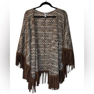 Astars Brown Chevron Fringe Open-Front Poncho